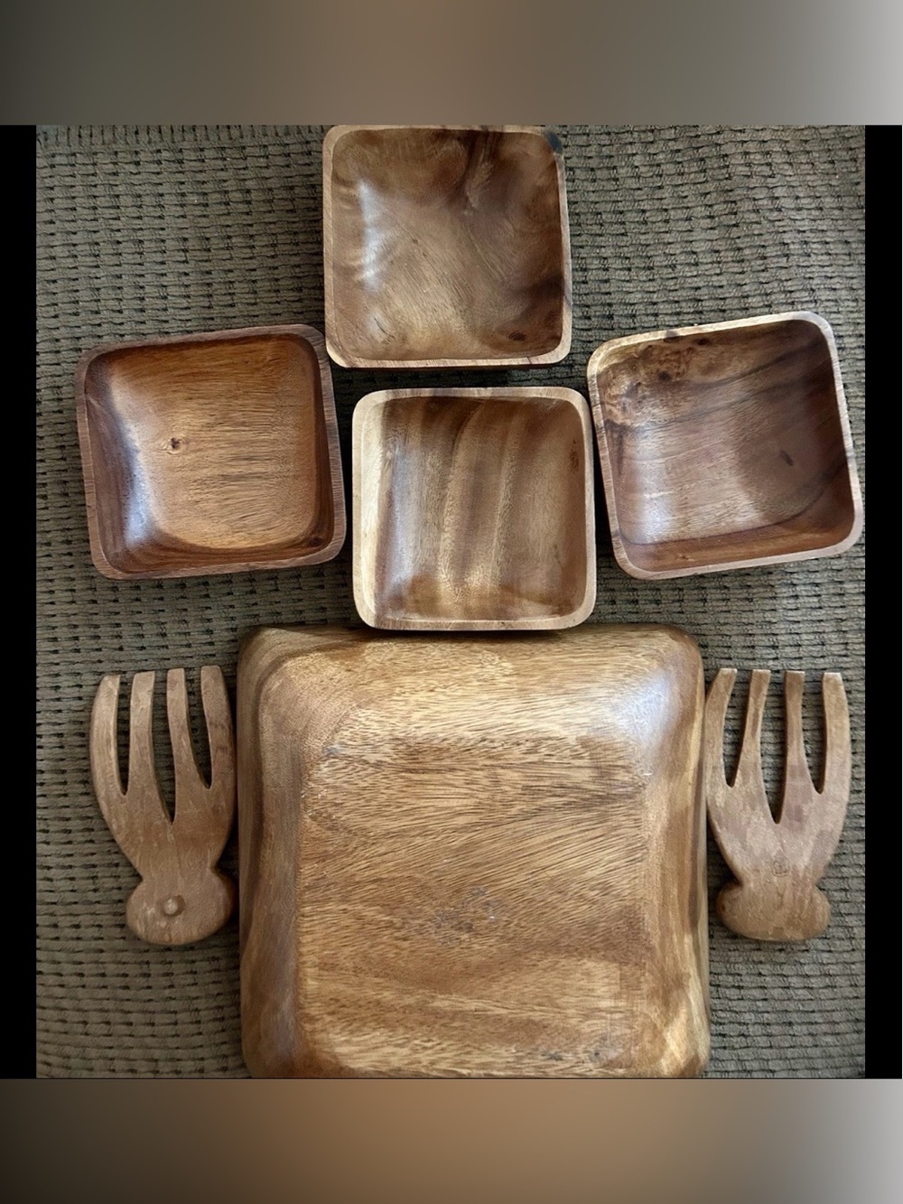Vintage Salad Bowl Set MCM Utensils Monkey POD Wood Bohemian Cottagecore